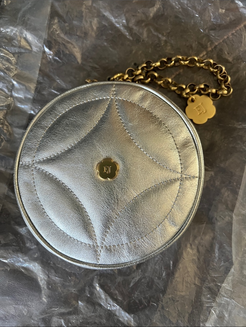 Eric Javits Metallic Silver Quilted Round Women's Wristlet Bag with Gold Chain